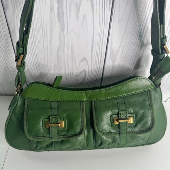 Vintage Tommy Hilfiger Y2K Green Leather Shoulder Bag Buckle Retro Satchel - Picture 2 of 10